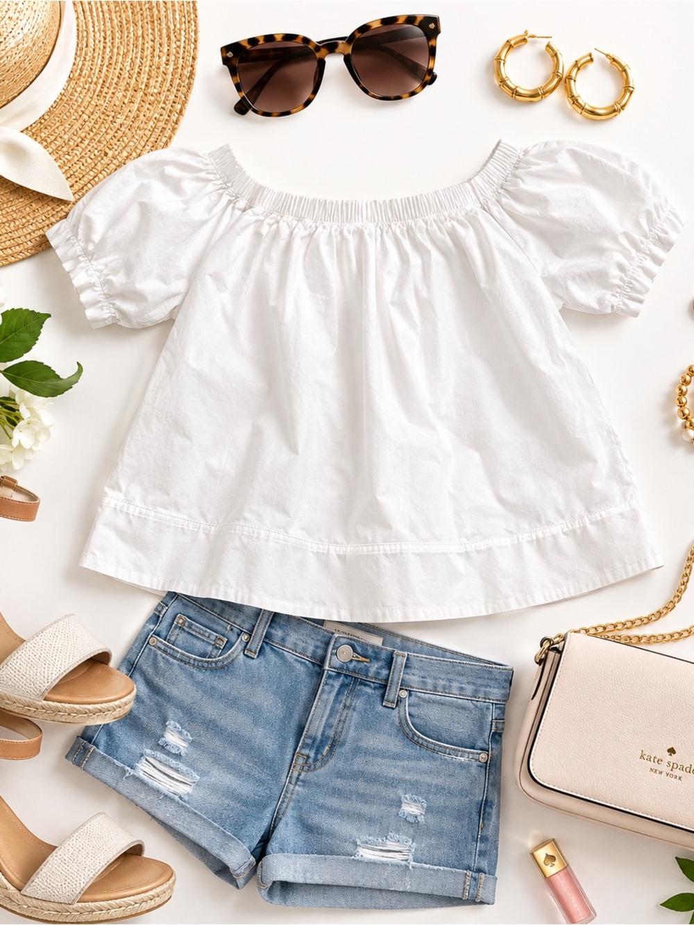 Kate Spade "Aperitif" White poplin top, Off Shoulder, Cottagecore, Size Medium